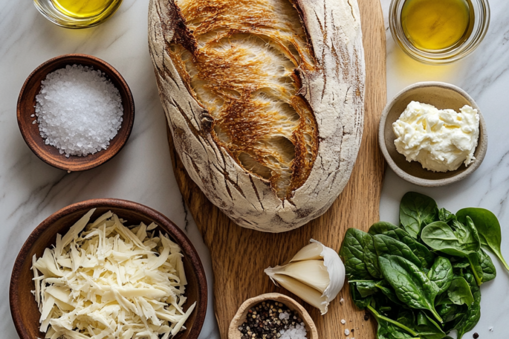 Fresh ingredients for Cheesy Spinach & Artichoke Pull-Apart Sourdough Bread, including sourdough, mozzarella, cream cheese, spinach, and artichokes on a marble countertop.