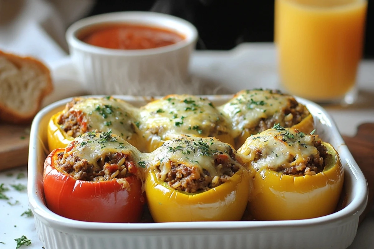 Easy stuffed bell peppers with ground beef, rice, diced tomatoes, and melted cheese, baked in a ceramic dish and garnished with fresh parsley.