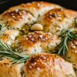 Rustic garlic rosemary skillet bread fresh out of the oven, served in a cast-iron skillet.