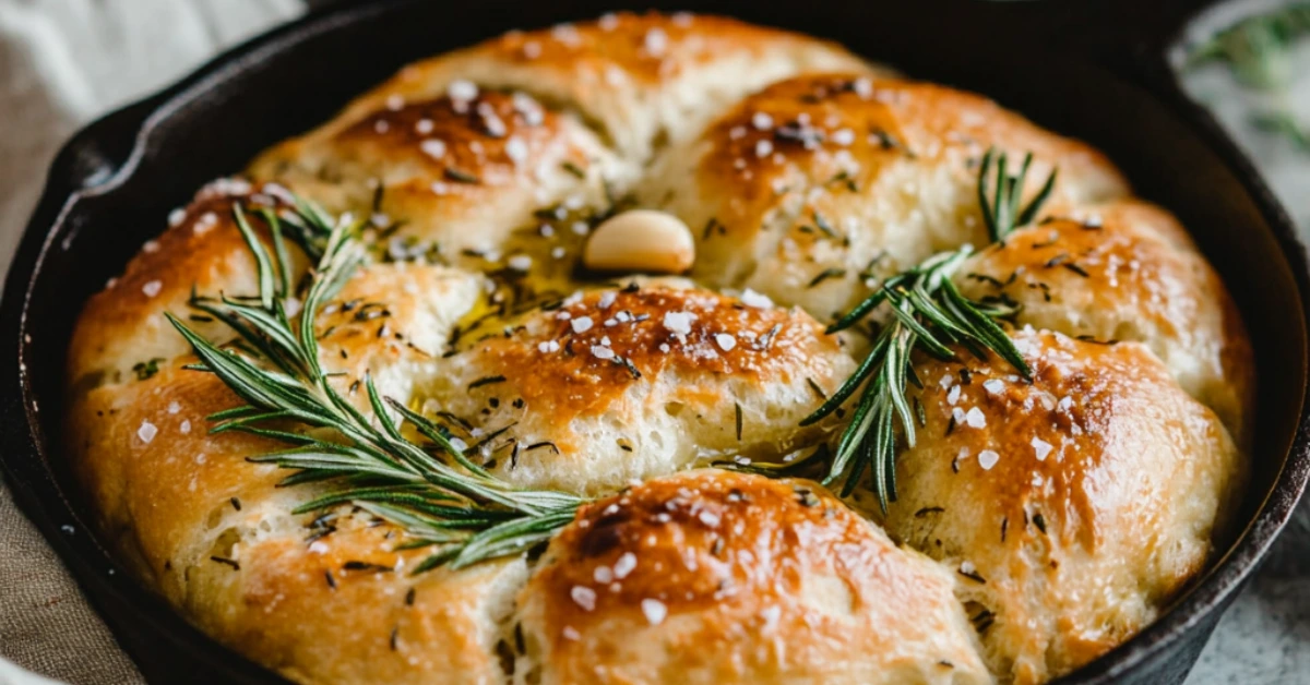 Rustic garlic rosemary skillet bread fresh out of the oven, served in a cast-iron skillet.