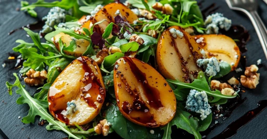 Caramelized pear salad with blue cheese, walnuts, and balsamic glaze on a white plate