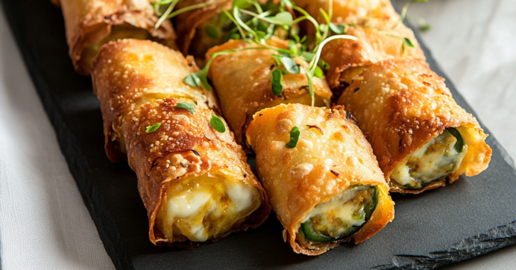 Crispy jalapeño popper egg rolls with melted cheese and bacon, served with dipping sauce