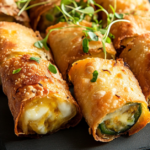 Crispy jalapeño popper egg rolls with melted cheese and bacon, served with dipping sauce