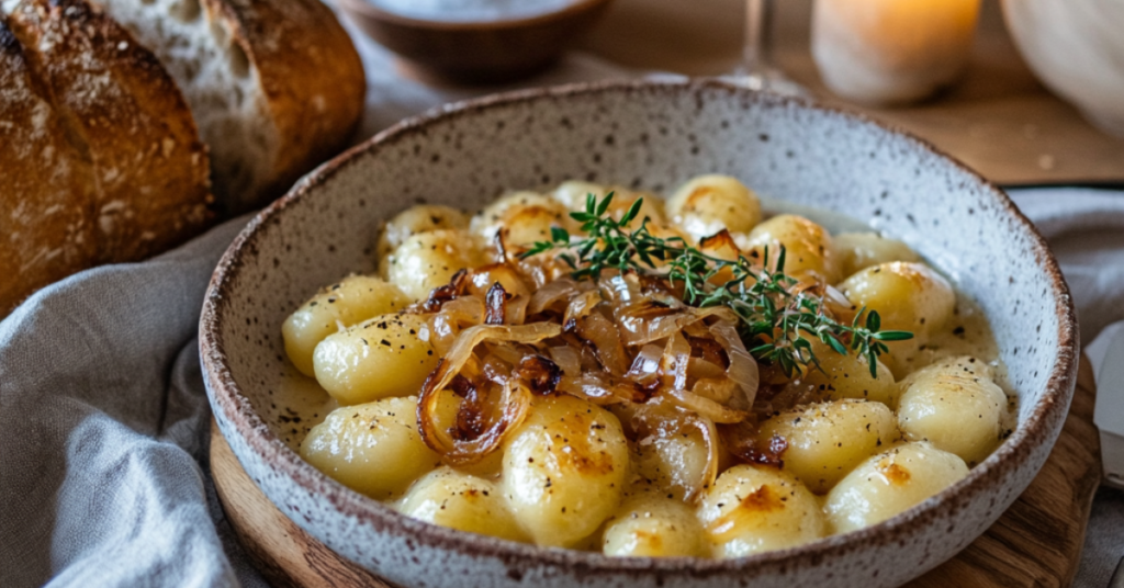 Gnocchi with caramelized onions and melted Gruyère cheese in a ceramic bowl.