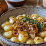 Gnocchi with caramelized onions and melted Gruyère cheese in a ceramic bowl.