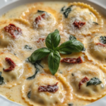 Creamy Tuscan ravioli with spinach, sun-dried tomatoes, and Parmesan cheese.