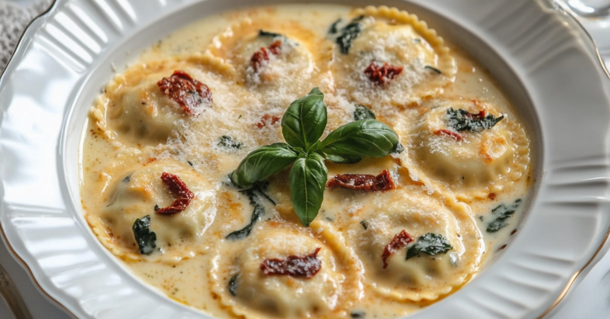 Creamy Tuscan ravioli with spinach, sun-dried tomatoes, and Parmesan cheese.