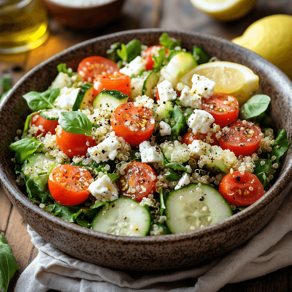 A vibrant gluten-free quinoa salad with cherry tomatoes, cucumber slices, mixed greens, and crumbled feta cheese, served in a rustic bowl with a halved lemon in the background.