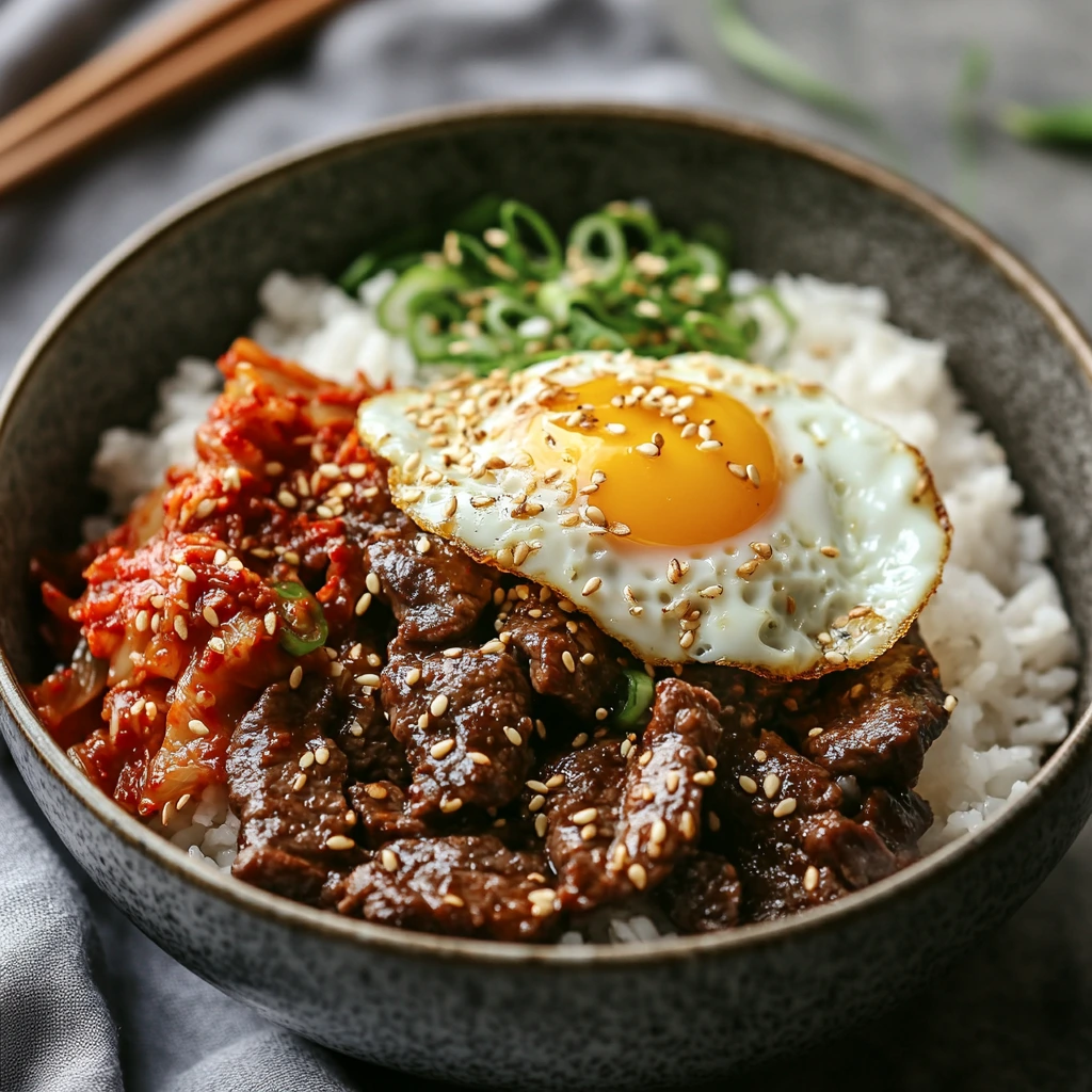 A Korean BBQ beef bowl with caramelized bulgogi beef, rice, a fried egg, and kimchi, garnished with sesame seeds and scallions, served in a ceramic bowl.