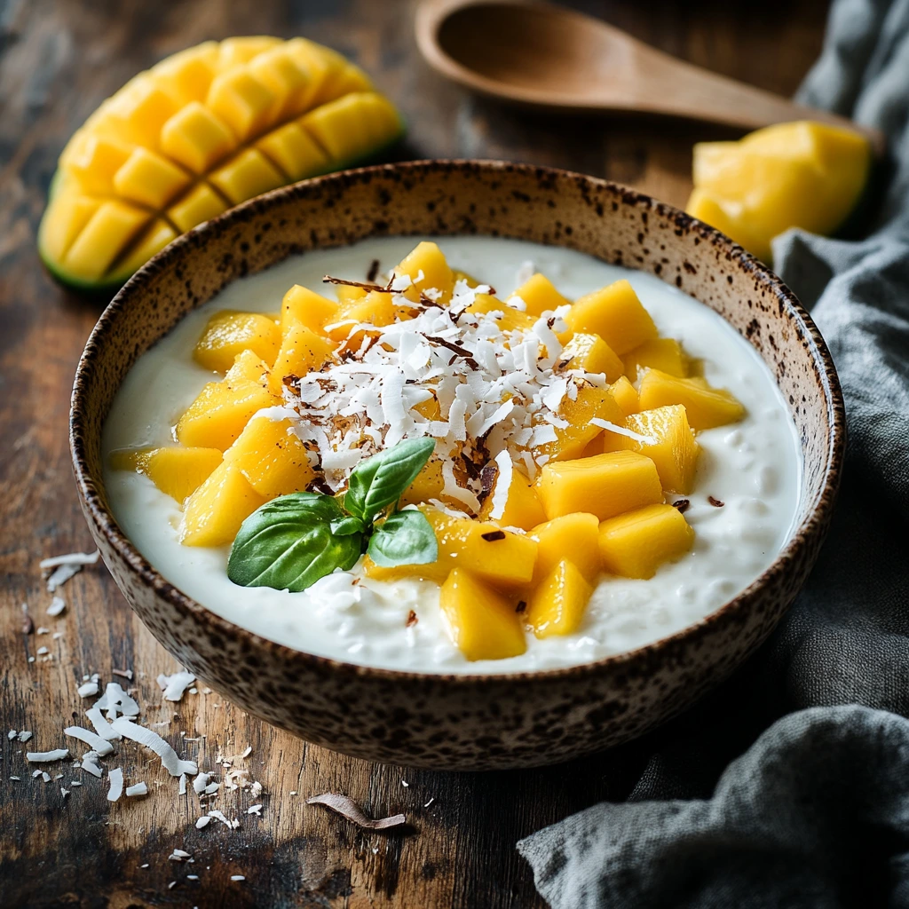 Close-up of a coconut yogurt bowl topped with diced mango and shredded coconut, set on a rustic wooden table with a small wooden spoon and tropical accents.