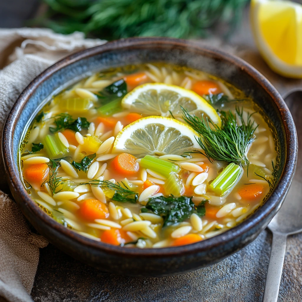 Warm orzo and vegetable soup with fresh dill and a lemon slice on top.