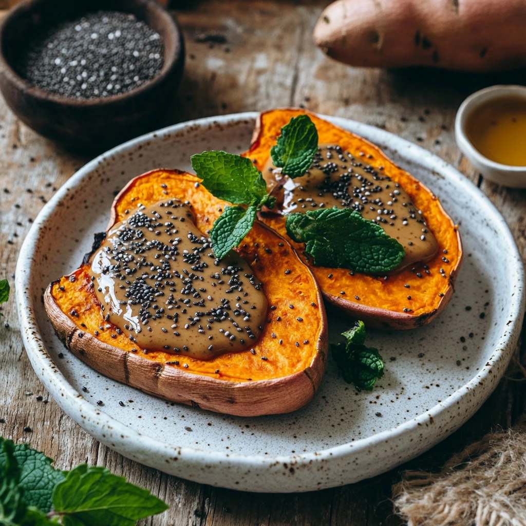 Sweet potato toast topped with almond butter and chia seeds, served on a white ceramic plate with garnishes of honey and mint.