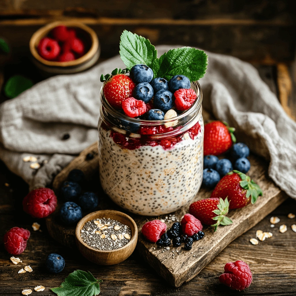A jar of creamy overnight oats topped with vibrant mixed berries, including blueberries, strawberries, and raspberries, placed on a wooden table with a spoon and scattered berries around