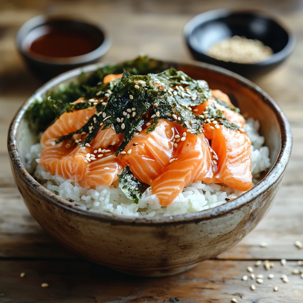 A delicious Tiktok-inspired salmon rice bowl featuring flaked salmon, creamy sauce, fluffy rice, and sesame seeds, served with nori sheets on a wooden table.