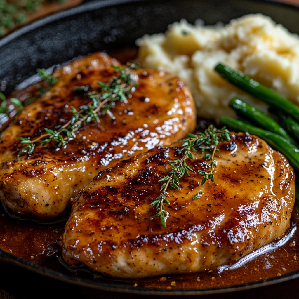 Golden-brown chicken chops glazed with a rich brown sugar sauce, garnished with fresh parsley, served on a white plate alongside roasted vegetables and a side of mashed potatoes.
