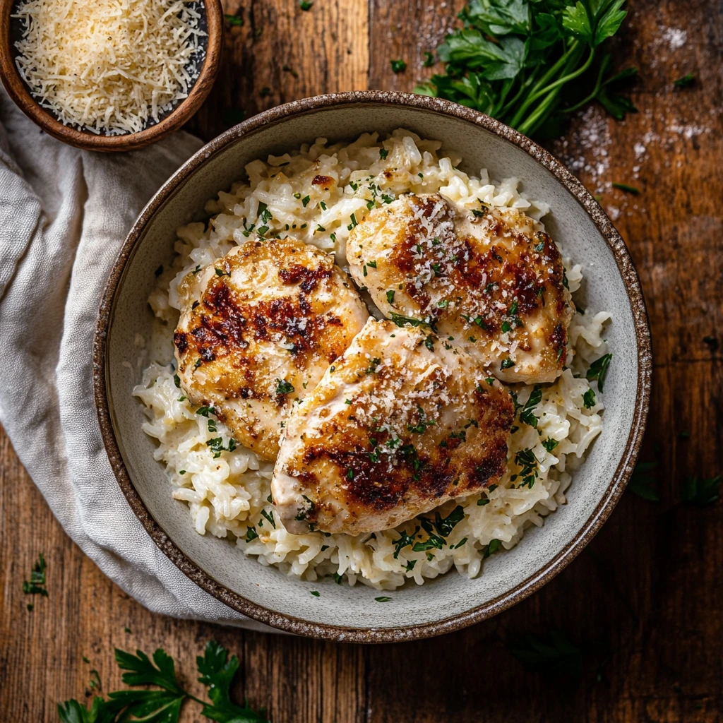 Garlic Parmesan chicken and rice served in a bowl, garnished with parsley, on a wooden table with a homely backdrop