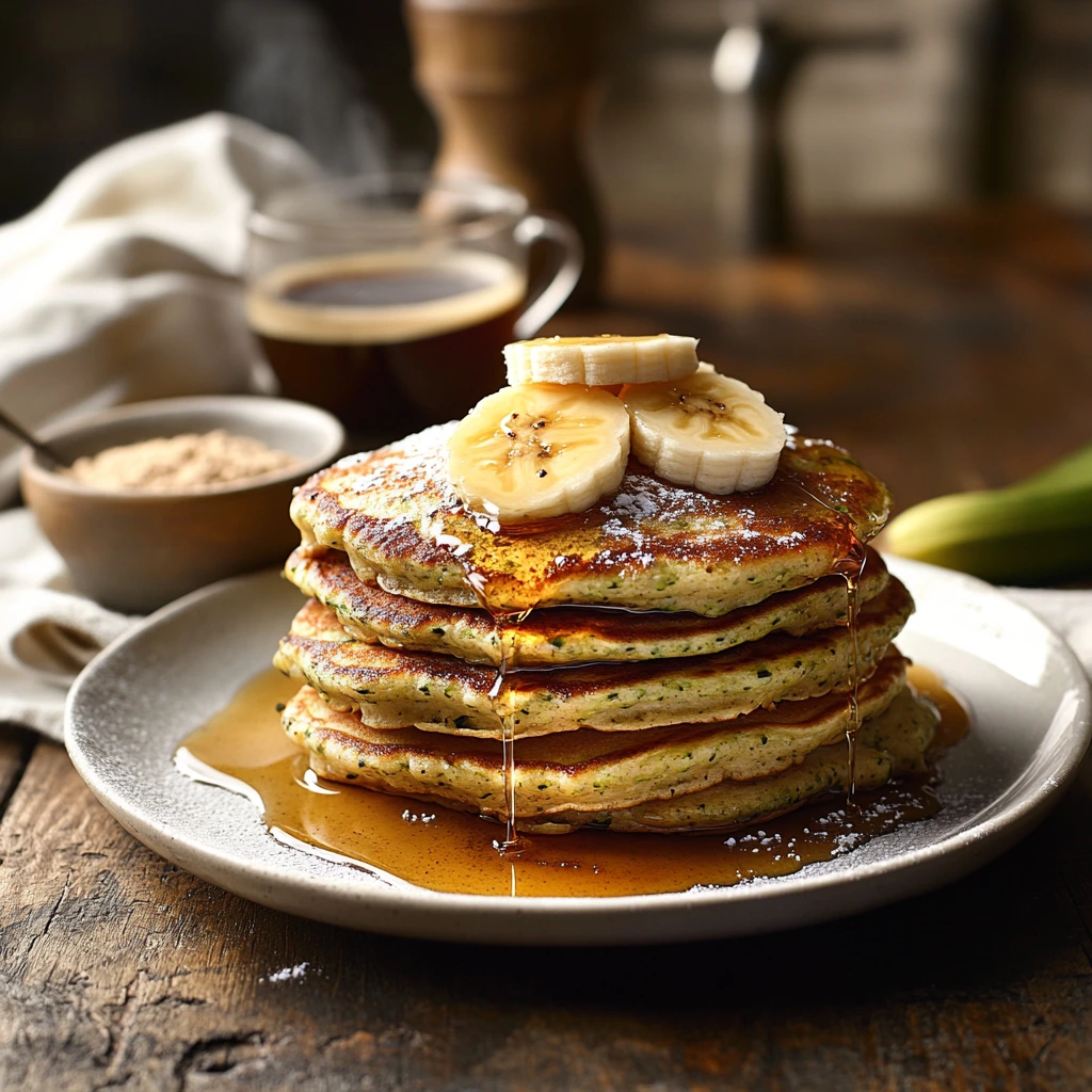 Golden zucchini banana pancakes stacked on a plate, drizzled with maple syrup, topped with banana slices, and sprinkled with powdered sugar. A cozy breakfast setup with natural light.