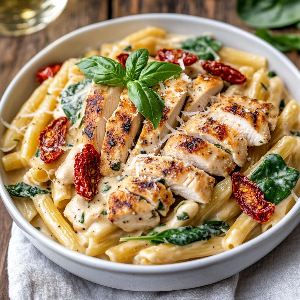 Creamy Tuscan chicken pasta served in a white bowl, topped with grilled chicken slices, sun-dried tomatoes, and fresh spinach, garnished with Parmesan cheese and basil.