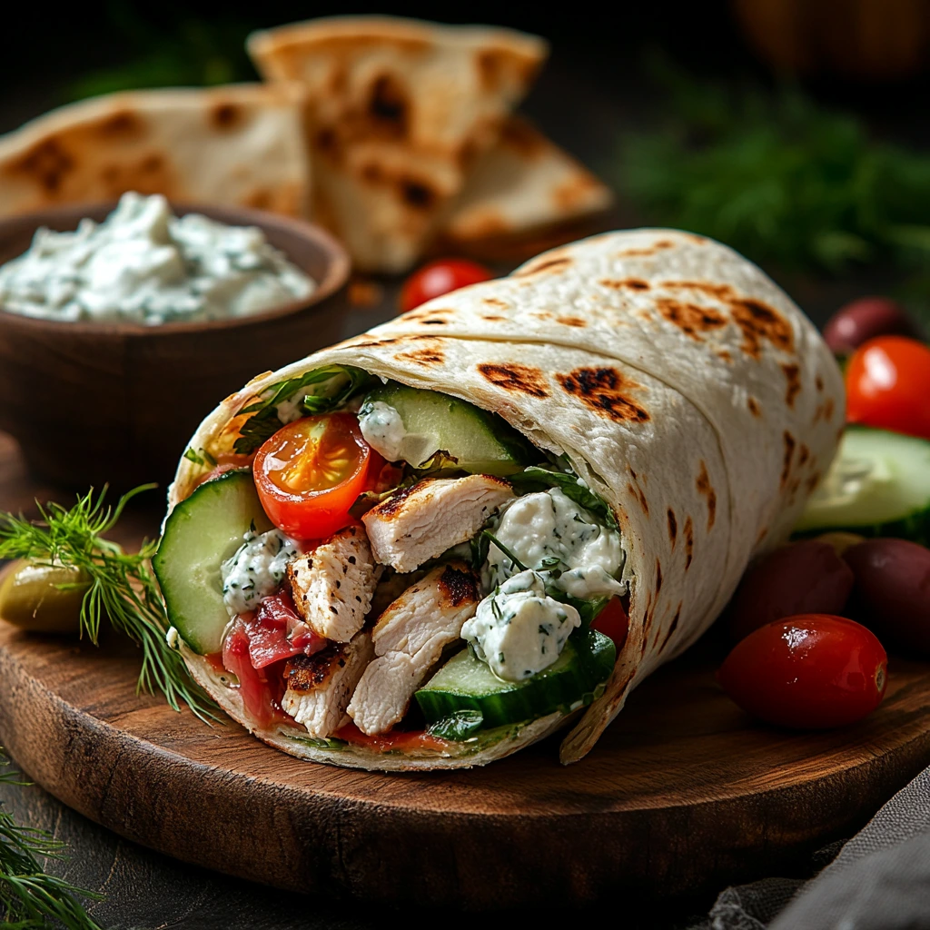 A Greek-inspired chicken wrap filled with grilled chicken, tzatziki sauce, cucumber, cherry tomatoes, and crumbled feta cheese, served on a rustic wooden plate.