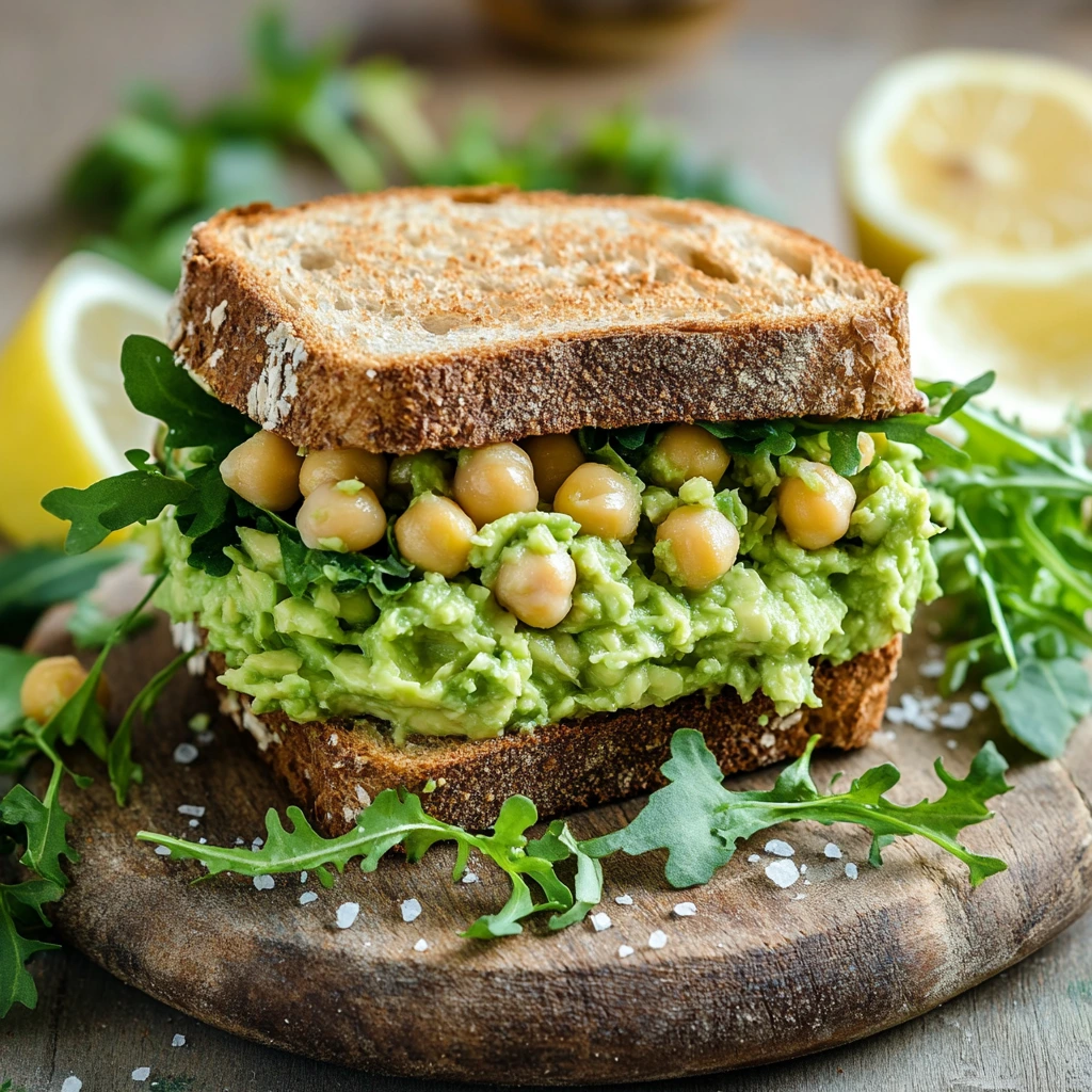 An avocado chickpea salad sandwich with creamy filling between whole-grain bread slices, served on a wooden board with lemon wedges and fresh greens.
