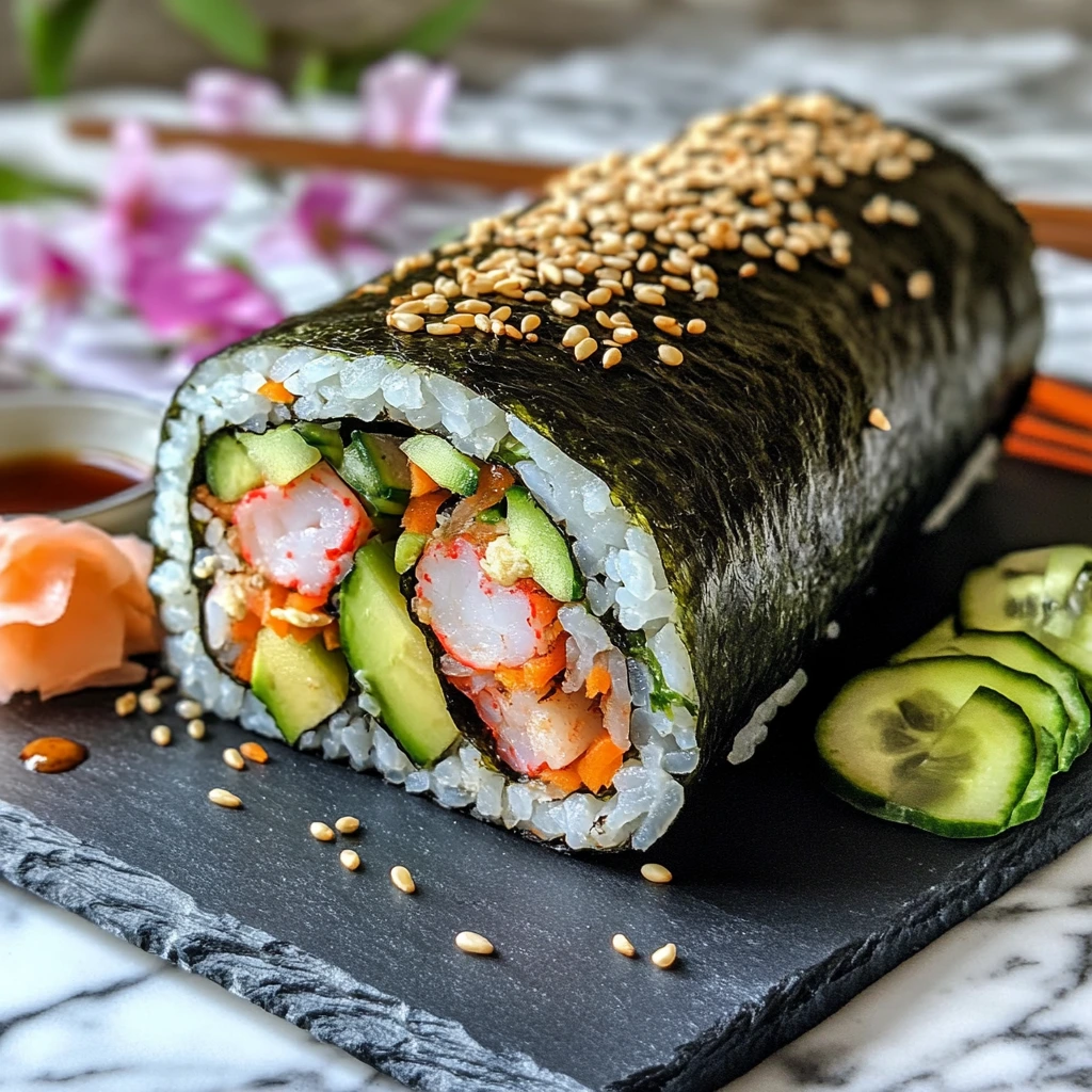 A sushi burrito cut in half, showcasing layers of sushi rice, avocado, shrimp, cucumber, and carrots, garnished with sesame seeds and served with soy sauce on a slate plate.