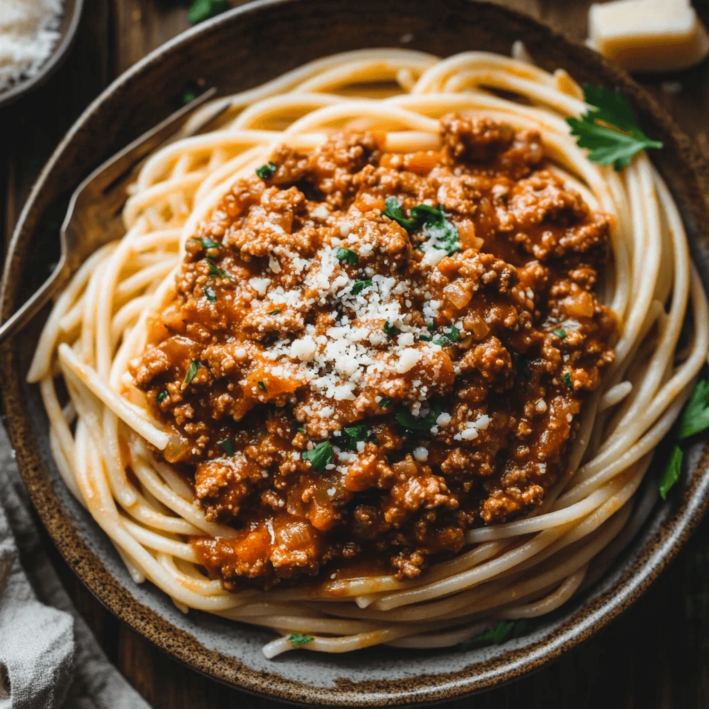 A plate of spaghetti topped with lower-calorie Bolognese sauce made with ground turkey, crushed tomatoes, and garnished with fresh herbs, served on a rustic wooden table.