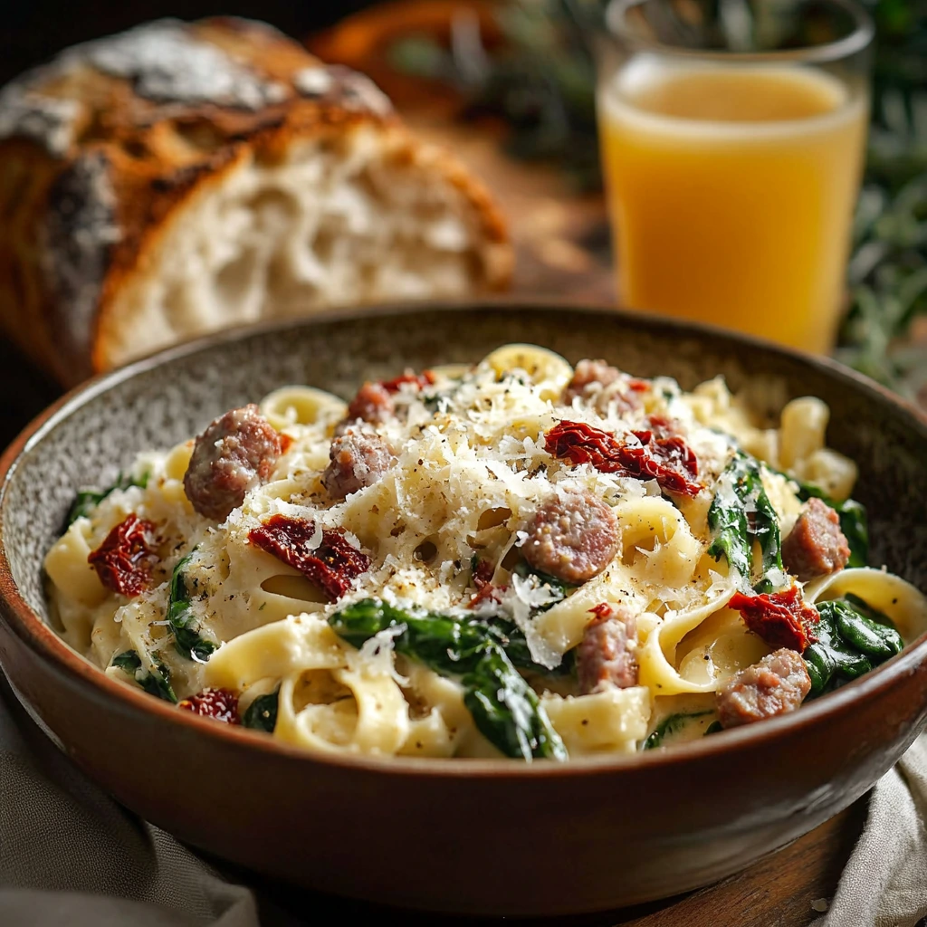 Creamy Tuscan sausage pasta in a rustic bowl, garnished with spinach and sun-dried tomatoes, with crusty bread on the side