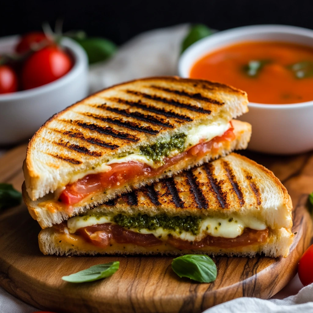 A Caprese grilled cheese sandwich sliced in half, showing melted mozzarella, fresh tomato, and pesto, served on a wooden board with basil garnish.