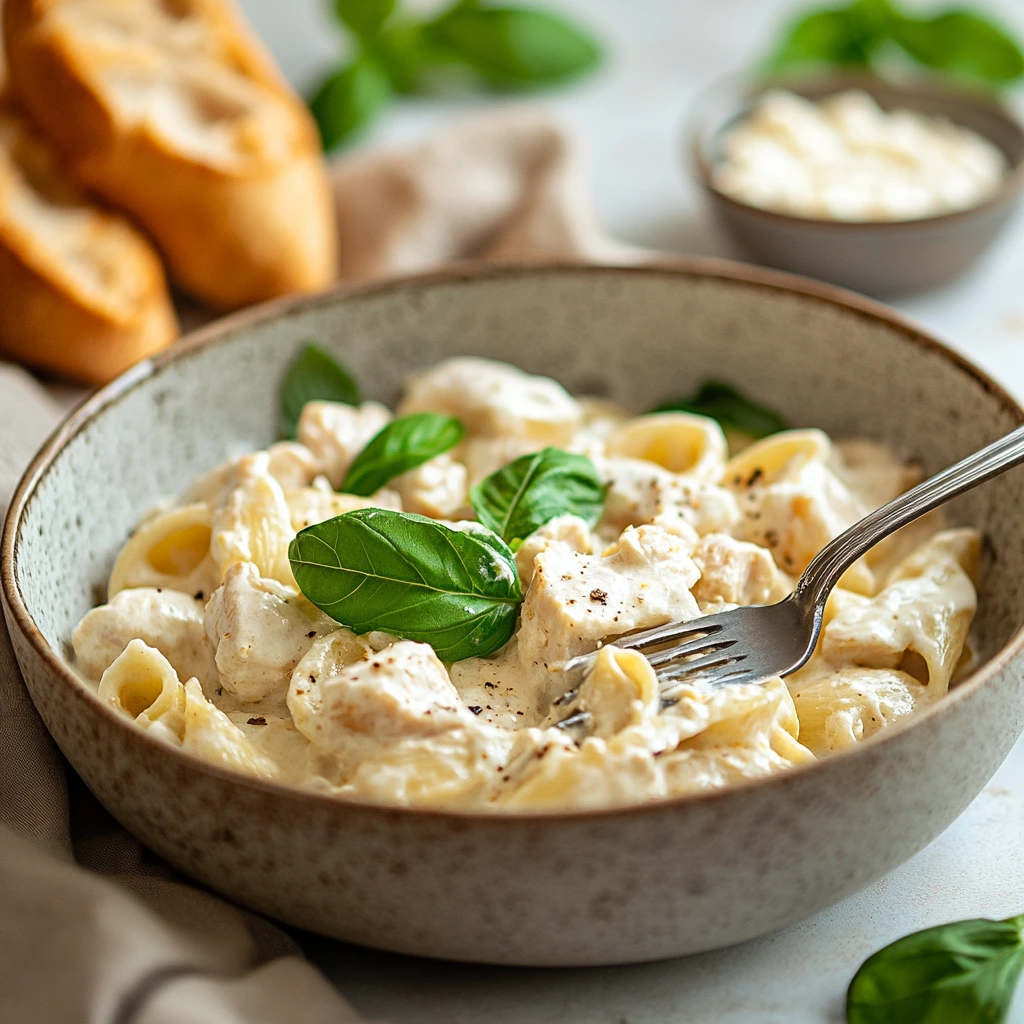 A close-up of creamy ricotta chicken pasta garnished with fresh basil, with a fork piercing through the pasta