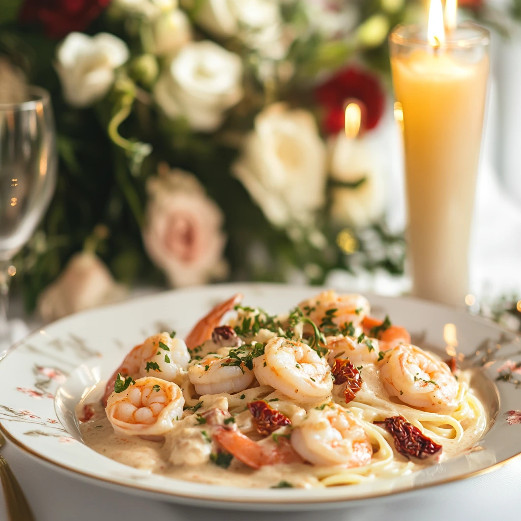 Marry me shrimp pasta served on a white plate, topped with sun-dried tomatoes and shrimp, with a romantic dinner ambiance.