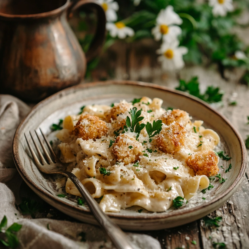 Golden garlic chicken bites on a bed of creamy Parmesan pasta, garnished with parsley, served on a rustic table