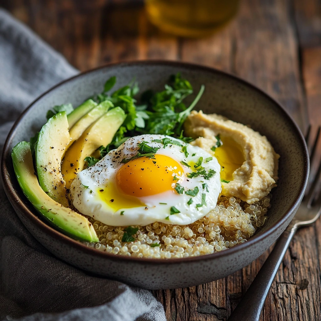 A quinoa breakfast bowl topped with a poached egg, sliced avocado, and a dollop of hummus, garnished with olive oil and fresh herbs, served in a ceramic dish