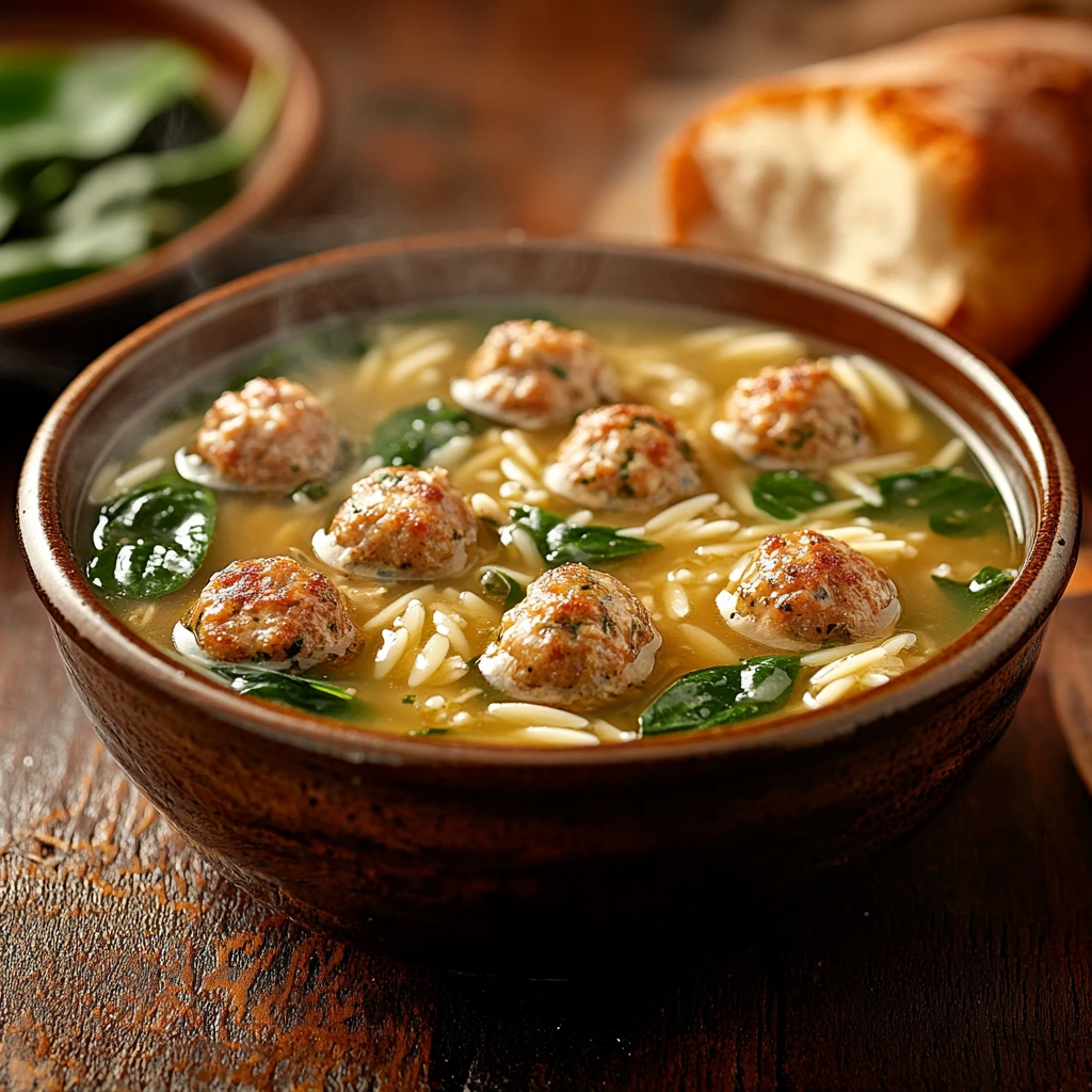 A rustic ceramic bowl filled with Italian Wedding Soup, showcasing golden meatballs, tender orzo pasta, and fresh spinach leaves in a clear chicken broth, garnished with Parmesan cheese.