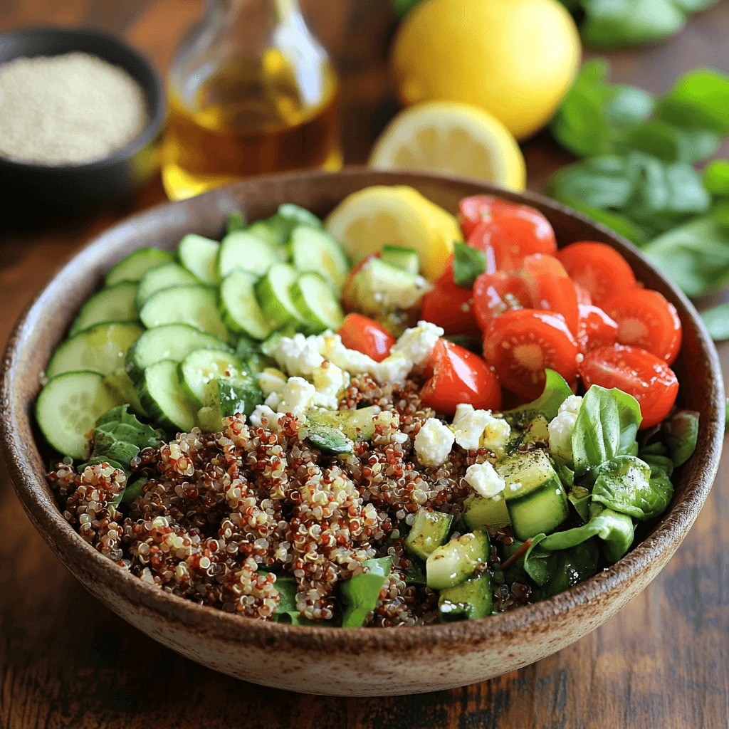 A beautifully arranged bowl of salad ingredients, showcasing fresh quinoa, cherry tomatoes, cucumber slices, crumbled feta cheese, and leafy greens, ready to be mixed.