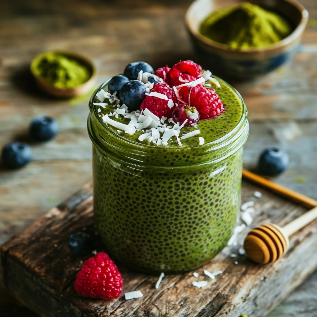 Matcha chia pudding in a glass jar, topped with fresh berries, shredded coconut, and a drizzle of honey, placed on a rustic wooden table with matcha powder and a whisk in the background