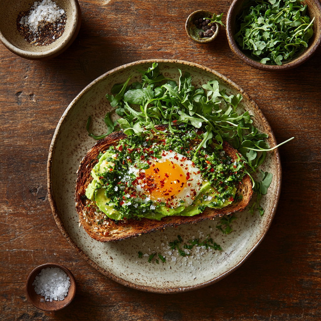 A slice of golden-brown whole-grain toast topped with creamy mashed avocado, fresh microgreens, and a sprinkle of chili flakes and sea salt.