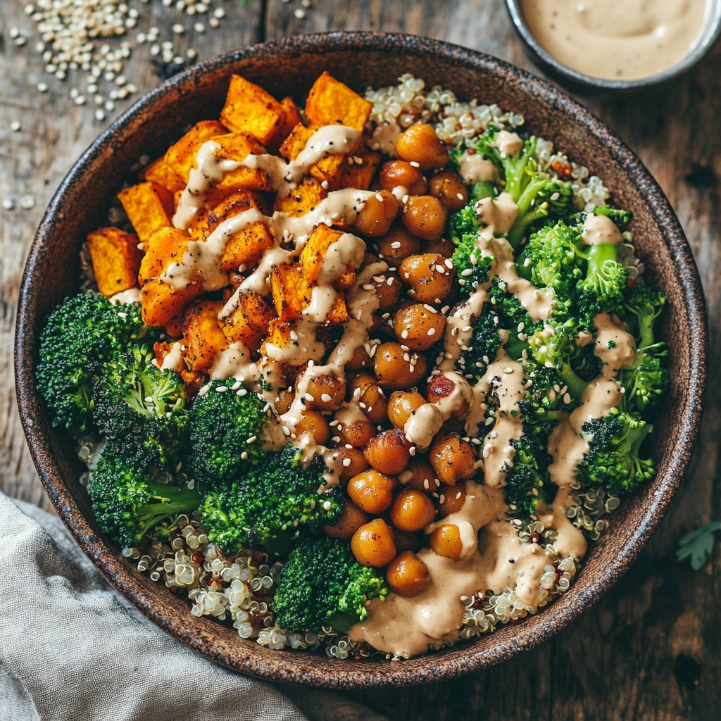 A colorful vegan Buddha bowl with quinoa, roasted sweet potatoes, chickpeas, and steamed broccoli, drizzled with tahini dressing, served in a ceramic bowl on a rustic wooden table.