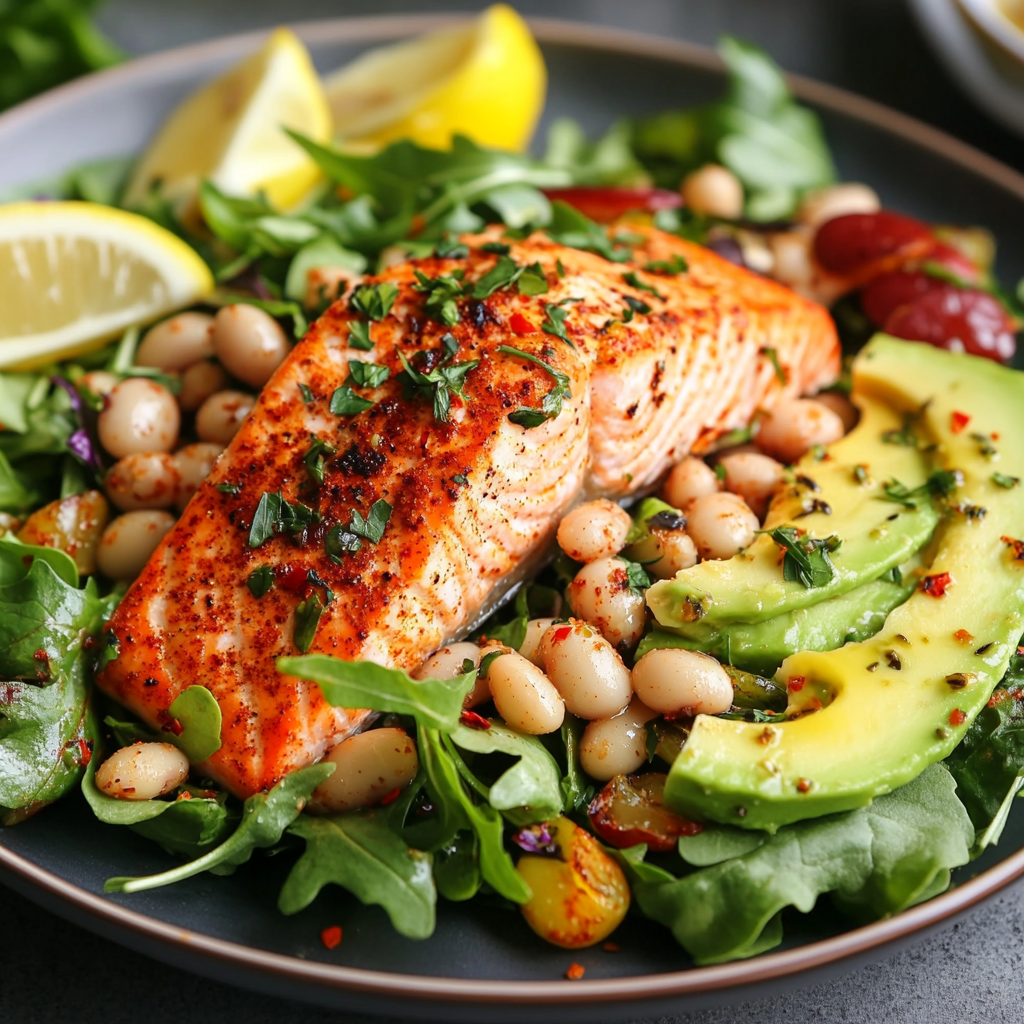 A vibrant plate of anti-inflammatory salmon salad with crispy white beans, mixed greens, avocado slices, and lemon wedges.