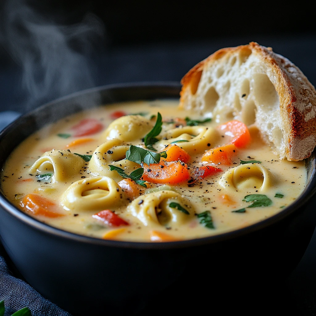 A bowl of creamy tortellini vegetable soup with vibrant mixed vegetables, tender tortellini, and a rich, velvety broth, garnished with fresh parsley and served alongside crusty bread