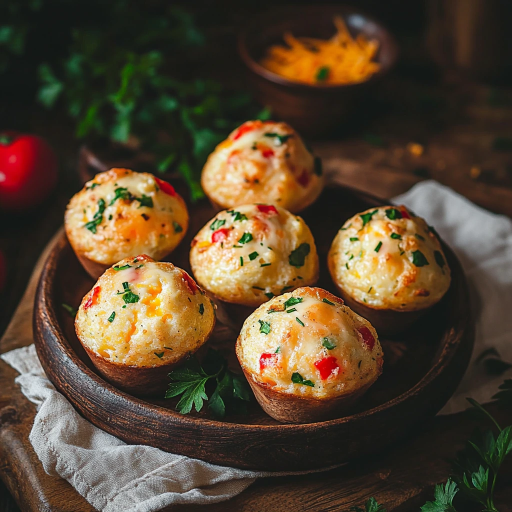 Golden-brown vegetable egg muffins with colorful diced bell peppers and spinach, served on a wooden tray with fresh vegetables in the background.