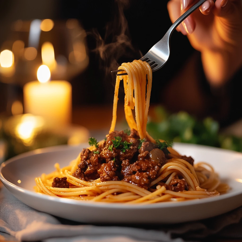 A plate of garlic beef pasta garnished with parsley, with a hand holding a fork twirling the pasta. A glass of red wine is visible in the background.