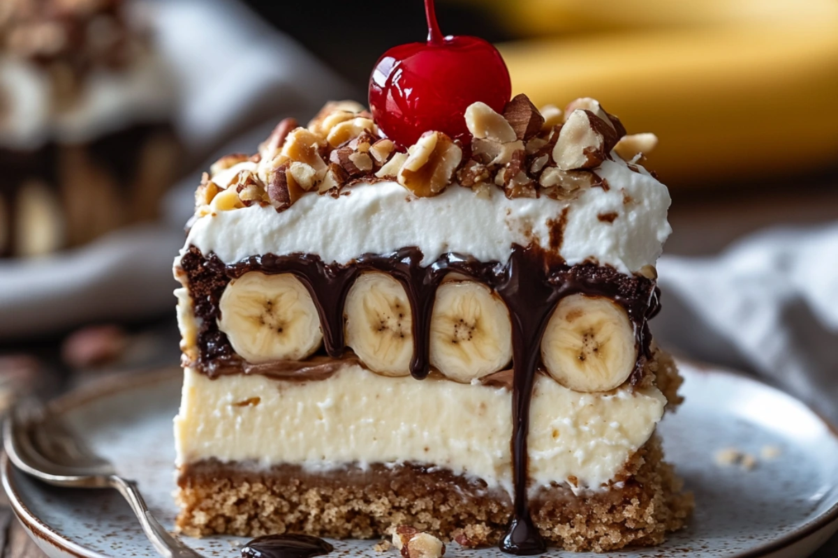 A slice of no-bake banana split cake on a marble table, showcasing layers of graham cracker crust, creamy filling, bananas, chocolate drizzle, and whipped cream