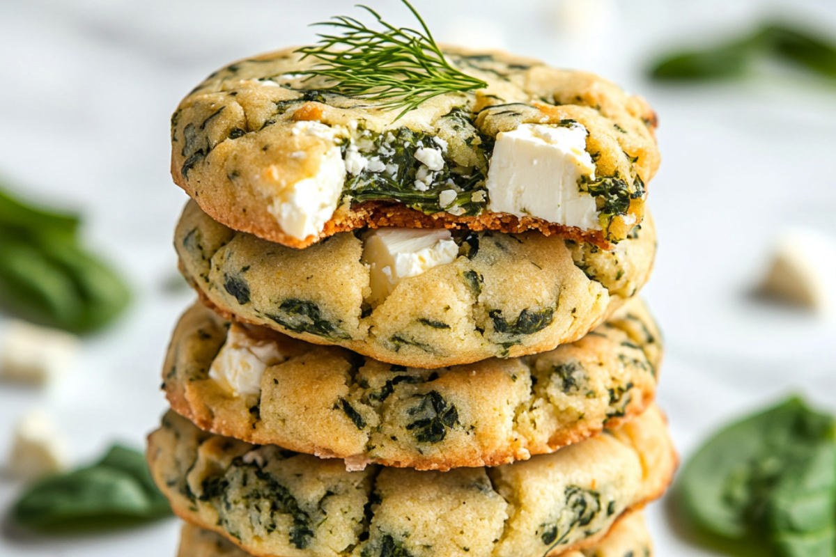 A stack of thick, golden-brown spinach and feta cookies on a white marble table, with vibrant spinach and creamy feta chunks visible