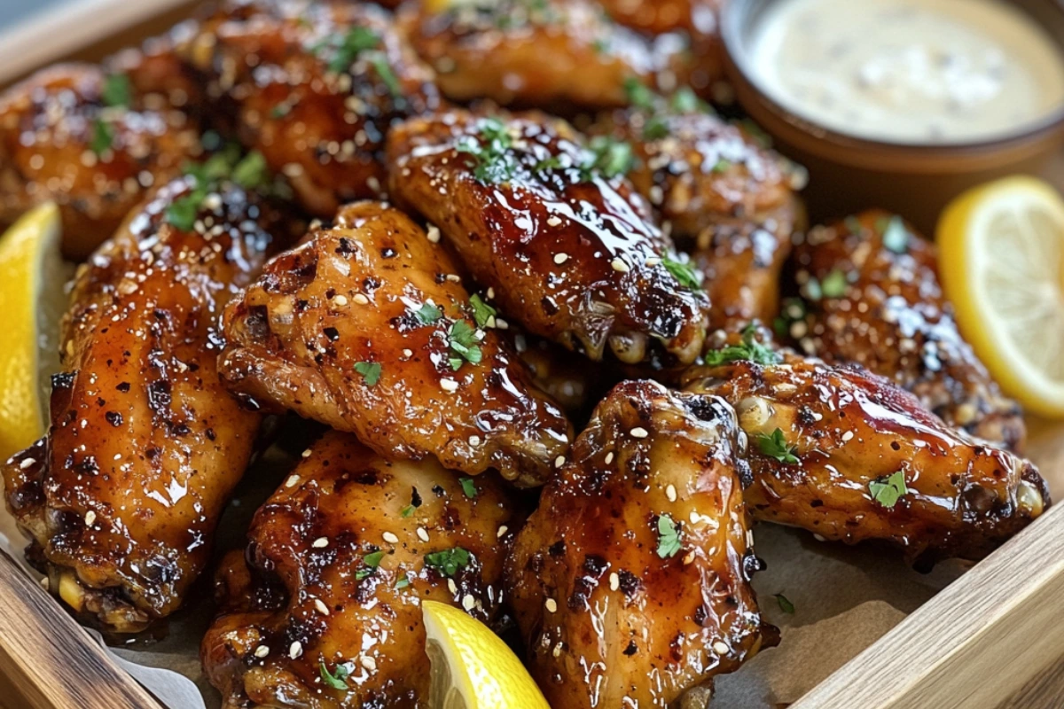 Golden brown Honey Lemon Pepper Wings coated in a sticky, sweet, and tangy glaze, served on a rustic plate with lemon slices and a drizzle of sauce.