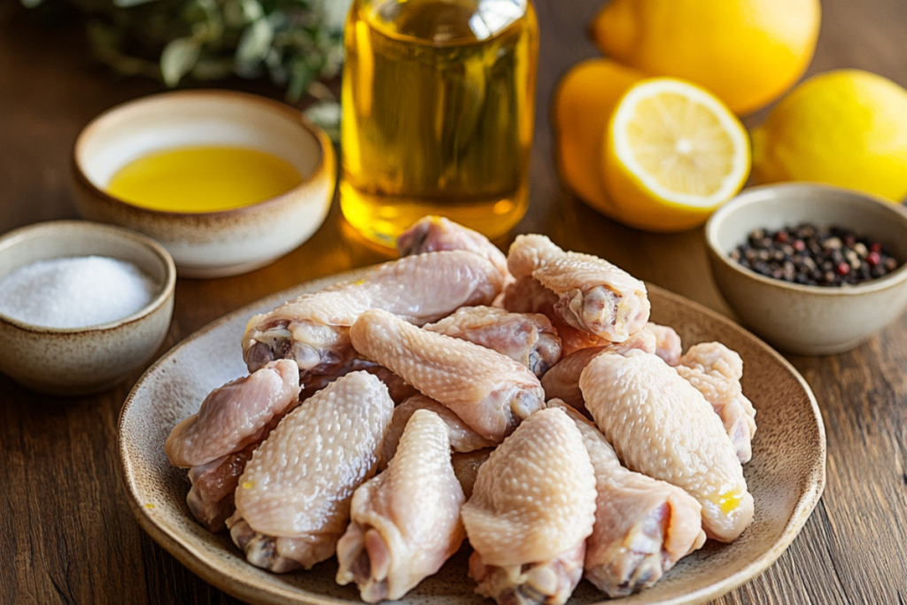 Freshly baked honey lemon pepper wings, golden brown and crispy, coated in a sticky honey-lemon glaze, garnished with cracked black pepper and lemon slices, served on a rustic wooden plate.