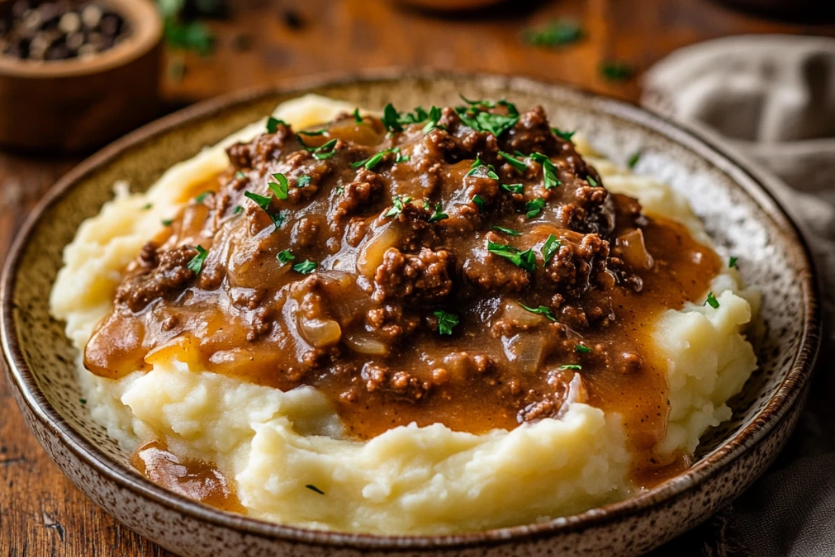 Creamy mashed potatoes topped with rich ground beef gravy, garnished with fresh parsley, served on a rustic plate